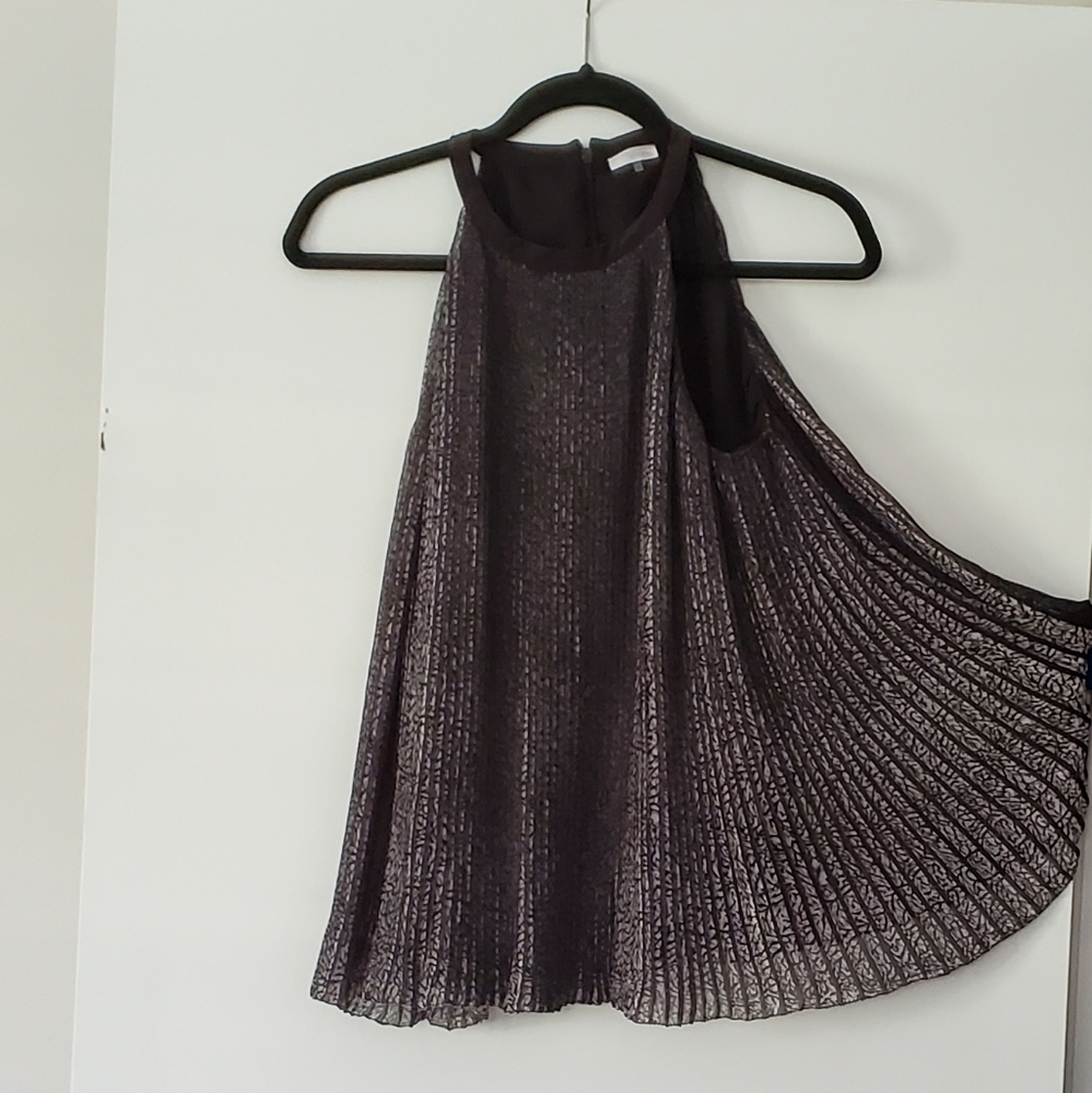 ecru Metallic Pleated Halter Tank Top in Deep Plum